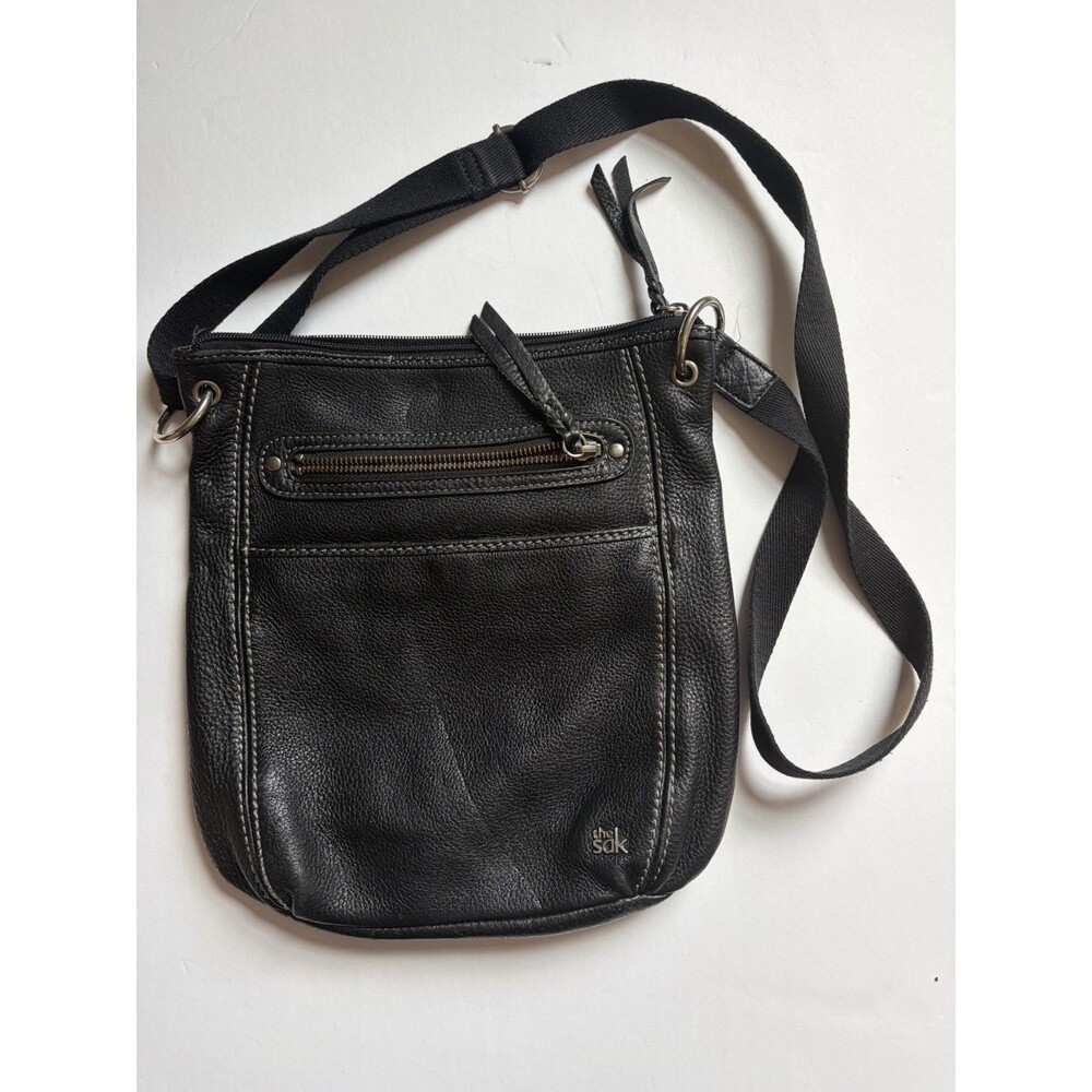 The Sak Black Genuine Leather Crossbody Bag Colorful Lining Adjustable Strap